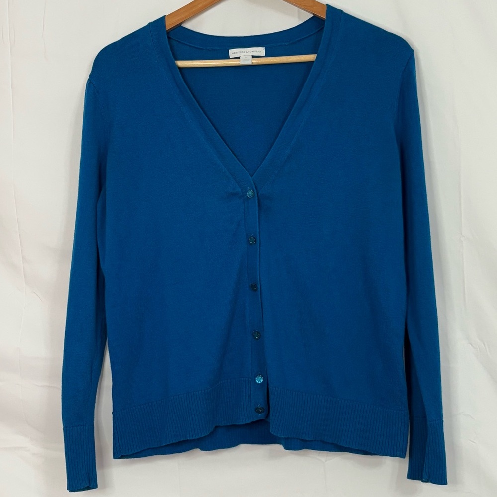 Cerulean Teal V-Neck Button Cardigan, New York & Company, US Sz XL - Picture 2 of 15